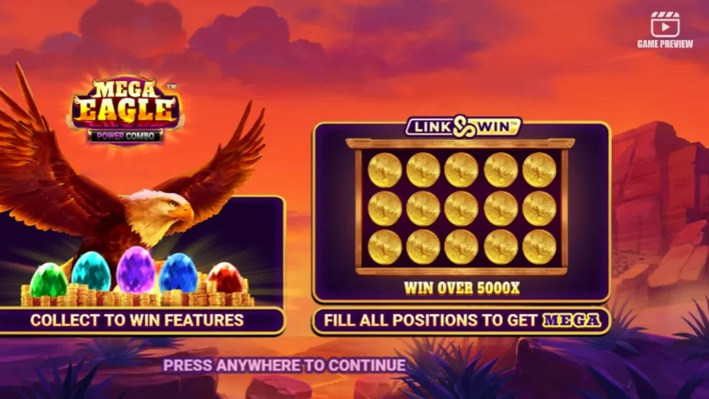 Mega Eagle Power Combo slot game interface showing mountain wildlife theme